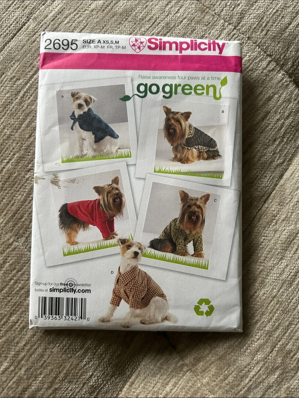 UNCUT Simplicity Dog Coat Sewing Patterns Size A XS-M